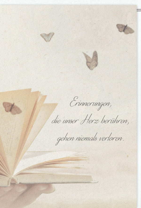 Trauerkarte Beileid - Elegante Karte mit Schmetterlingen, Buch & Herz | Einfühlsame Kondolenz für Trost & Gedenken bei Verlust