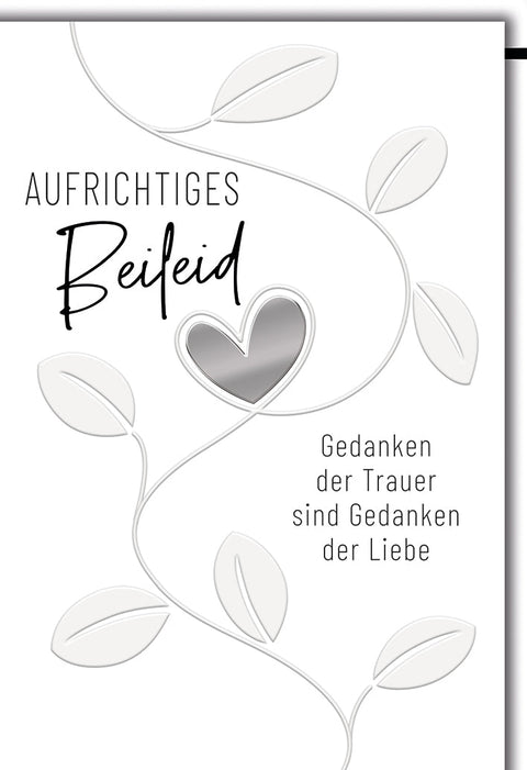 Trauerkarte Beileid – Herz mit Blätterranken und einfühlsamem Zitat in Schwarz - Weiß