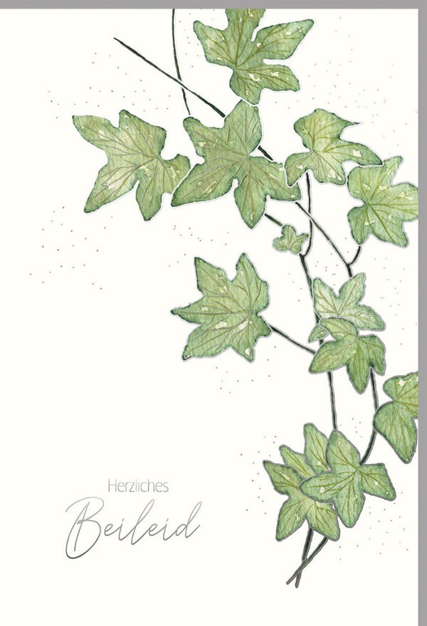 Trauerkarte Beileid Kondolenz - Elegante Naturkartonkarte mit Silberfolie, Blindprägung & grünen Blätterzweigen für stilvolles Mitgefühl