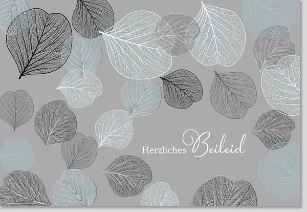 Trauerkarte Beileid - Stilvolle Kondolenz in Grau & Silber mit Blätterstruktur, Elegantes Design für Mitgefühl, Hochwertige Qualität