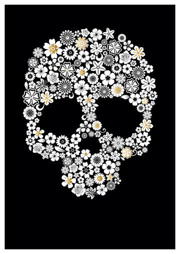 Trauerkarte Blumen Totenkopf Kunstpostkarte schwarz weiß modern stilvoll Beileidskarte außergewöhnliches Design Trauergruß Postkarte