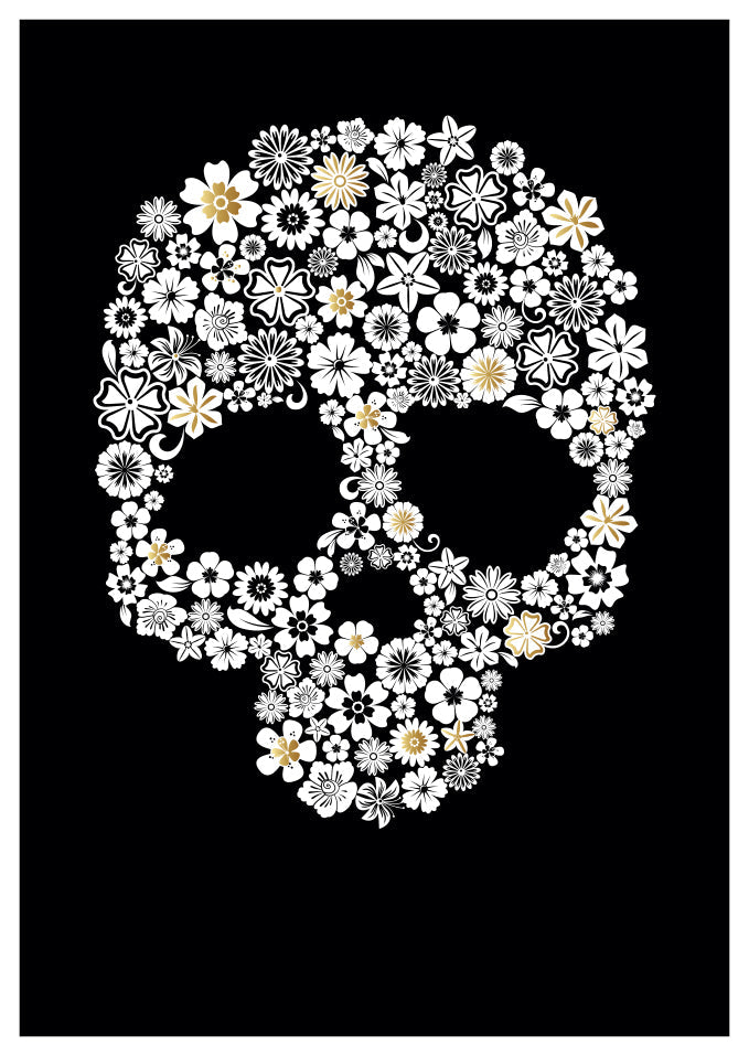 Trauerkarte Blumen Totenkopf Kunstpostkarte schwarz weiß modern stilvoll Beileidskarte außergewöhnliches Design Trauergruß Postkarte