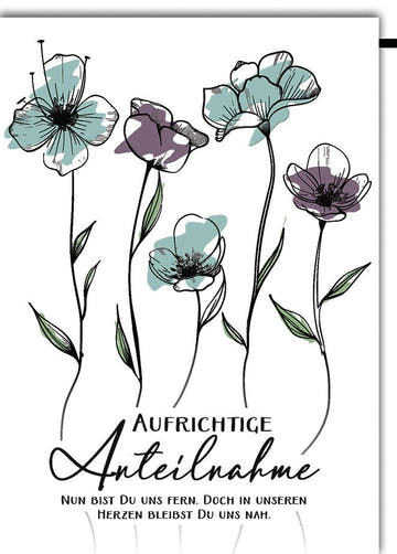 Trauerkarte Blumen – Zarte Skizzenblumen mit einfühlsamem Spruch in Pastelltönen