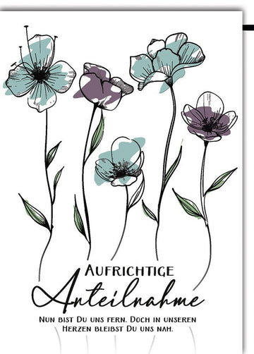 Trauerkarte Blumen – Zarte Skizzenblumen mit einfühlsamem Spruch in Pastelltönen