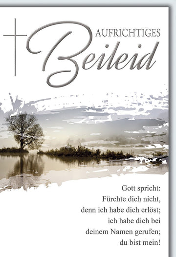 Trauerkarte Christlich – Landschaft mit Baum und Bibelzitat in sanften Farben