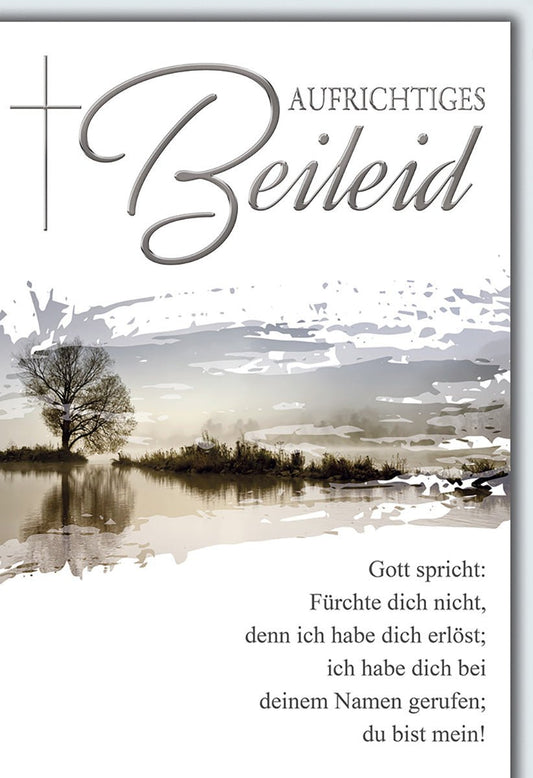 Trauerkarte Christlich – Landschaft mit Baum und Bibelzitat in sanften Farben