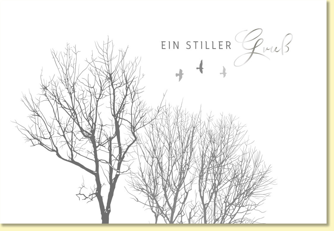 Trauerkarte Ein stiller Gruß mit eleganten Bäumen und fliegenden Vögeln stilvolle Doppelkarte für Beileid und Anteilnahme hochwertige Doppelkarte