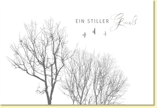 Trauerkarte Ein stiller Gruß mit eleganten Bäumen und fliegenden Vögeln stilvolle Doppelkarte für Beileid und Anteilnahme hochwertige Doppelkarte