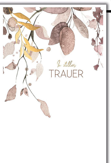 Trauerkarte Elegant – Aquarell Blätter in Erdtönen mit Goldschrift