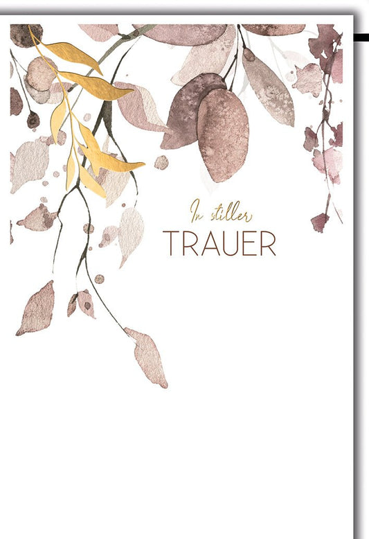 Trauerkarte Elegant – Aquarell Blätter in Erdtönen mit Goldschrift