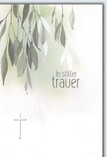 Trauerkarte Elegant – Aquarell Blätterzweige mit Kreuz und sanften Grüntönen