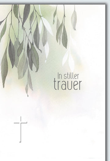 Trauerkarte Elegant – Aquarell Blätterzweige mit Kreuz und sanften Grüntönen