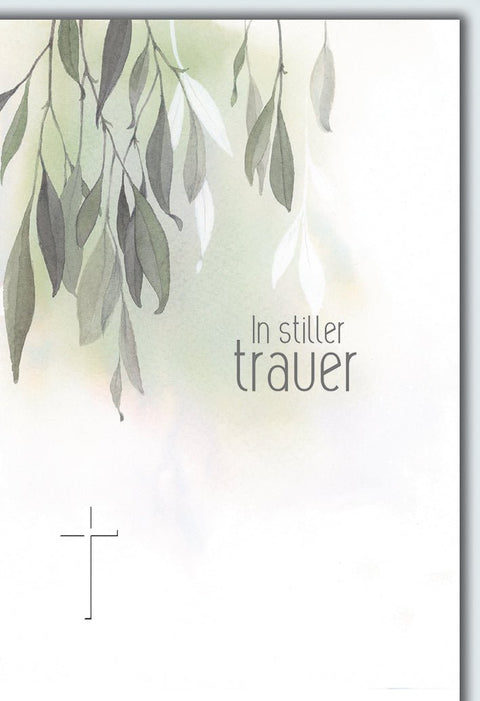 Trauerkarte Elegant – Aquarell Blätterzweige mit Kreuz und sanften Grüntönen