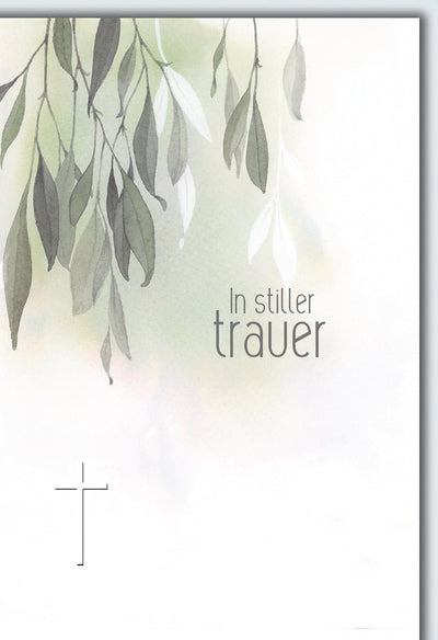 Trauerkarte Elegant – Aquarell Blätterzweige mit Kreuz und sanften Grüntönen