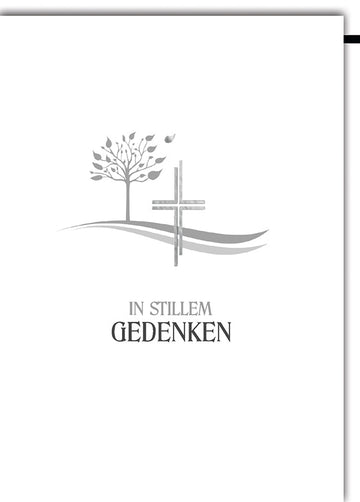Trauerkarte Elegant – Baum und Kreuz in minimalistischer Grautönung