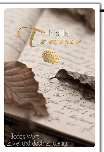 Trauerkarte Elegant – Goldene Schrift auf Herbstblättern mit handgeschriebenem Brief