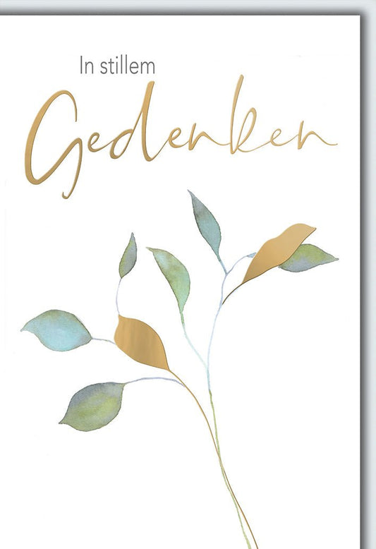 Trauerkarte Elegant – Goldene Schrift mit zarten Blättern in Aquarell - Optik