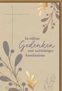 Trauerkarte Elegant – Goldene Zweige mit Kreuz auf Naturpapier und stilvollem Schriftzug