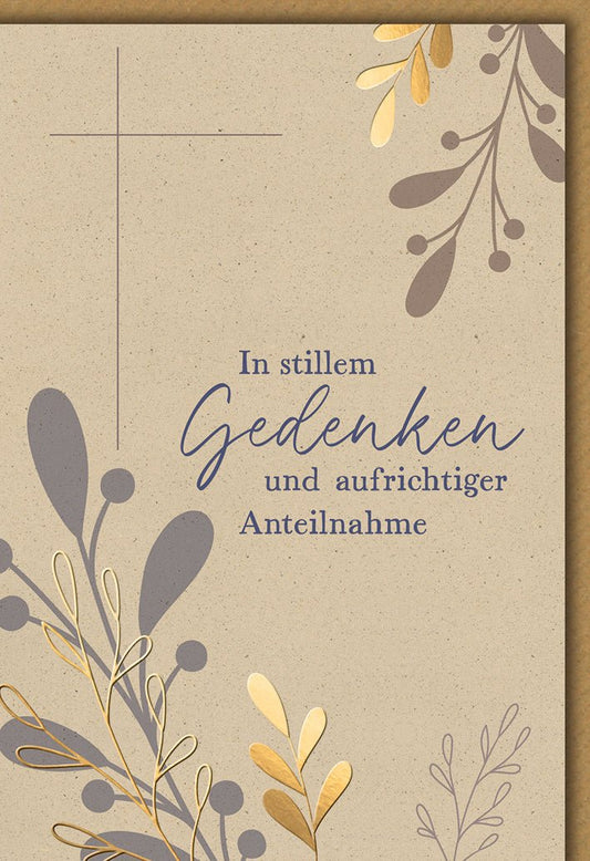 Trauerkarte Elegant – Goldene Zweige mit Kreuz auf Naturpapier und stilvollem Schriftzug