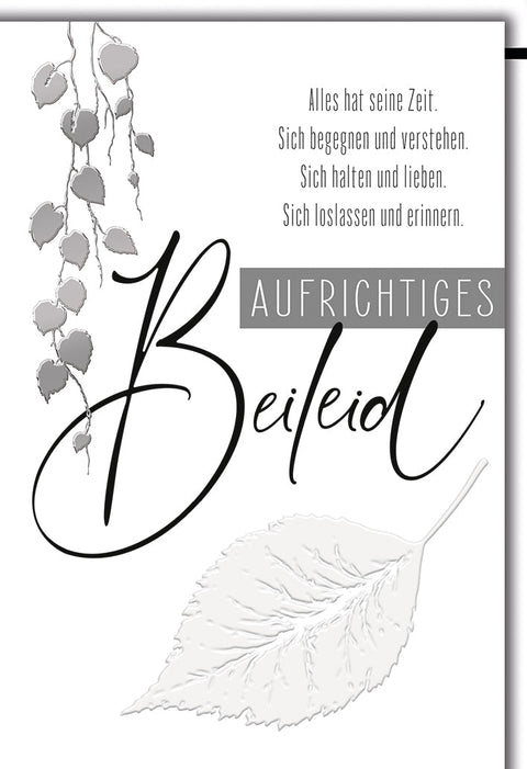 Trauerkarte Elegant – Graue Blätter mit einfühlsamem Zitat in stilvollem Design