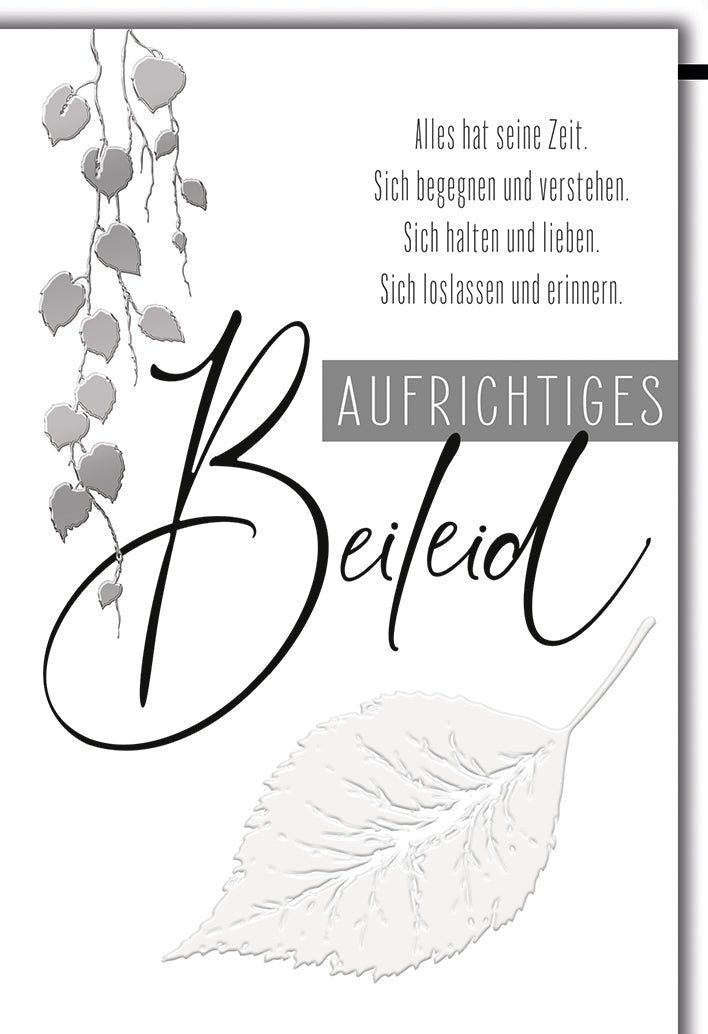 Trauerkarte Elegant – Graue Blätter mit einfühlsamem Zitat in stilvollem Design