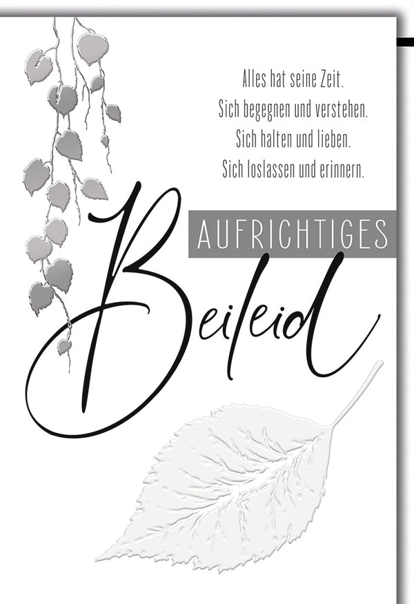 Trauerkarte Elegant – Graue Blätter mit einfühlsamem Zitat in stilvollem Design