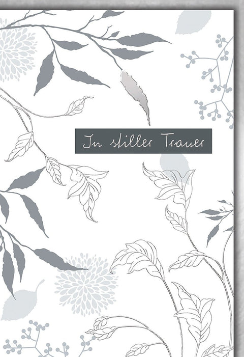 Trauerkarte Elegant – Graue Blätter und Blumen in zartem Aquarellstil
