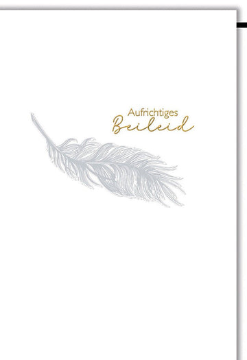 Trauerkarte Elegant – Graue Feder mit Goldschrift und minimalistischer Gestaltung