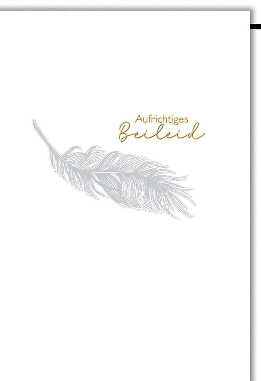 Trauerkarte Elegant – Graue Feder mit Goldschrift und minimalistischer Gestaltung