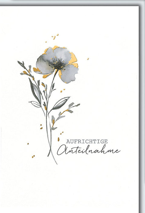 Trauerkarte Elegant – Graue Mohnblume mit goldenen Akzenten und stilvollem Schriftzug