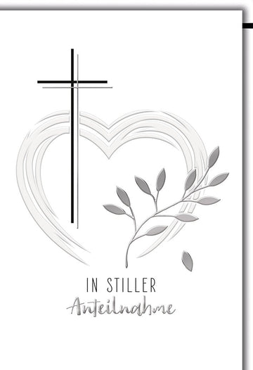 Trauerkarte Elegant – Herz mit Kreuz und Zweig in stilvollem Schwarz - Weiß Design