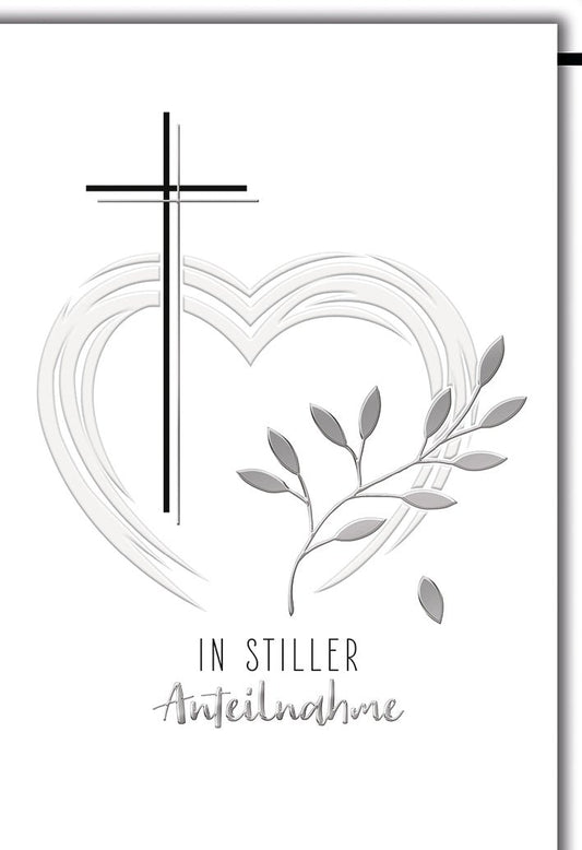 Trauerkarte Elegant – Herz mit Kreuz und Zweig in stilvollem Schwarz - Weiß Design