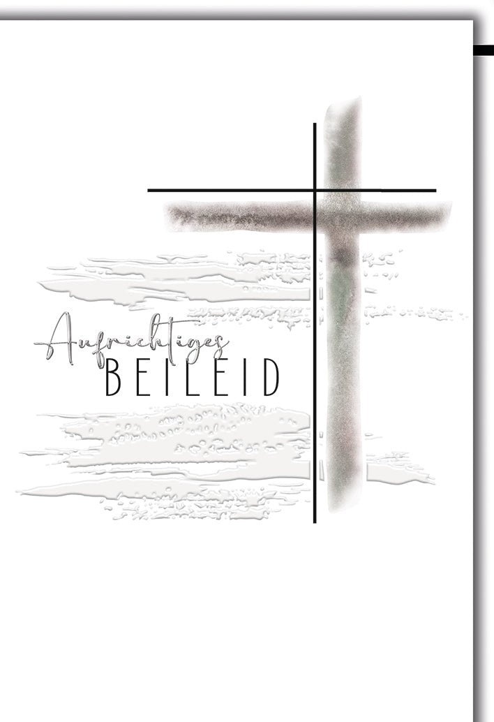 Trauerkarte Elegant – Kreuz mit Schriftzug in minimalistischer Grautönung