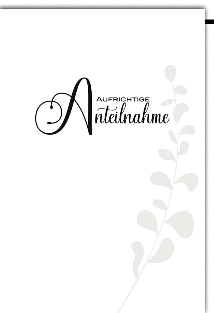 Trauerkarte Elegant – Schlichtes Blattmotiv mit stilvollem Schriftzug in Schwarz - Weiß