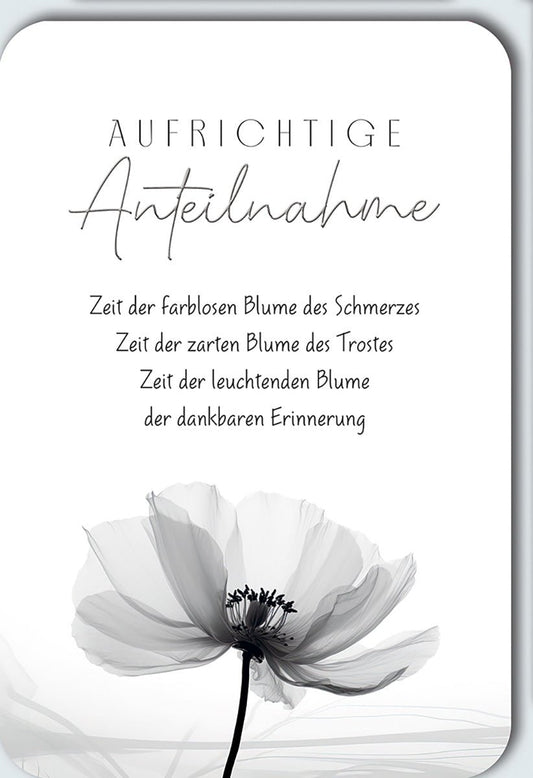 Trauerkarte Elegant – Schwarz - Weiße Blume mit poetischem Trosttext