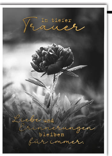 Trauerkarte Elegant – Schwarze Pfingstrose mit Goldschrift und Trostbotschaft