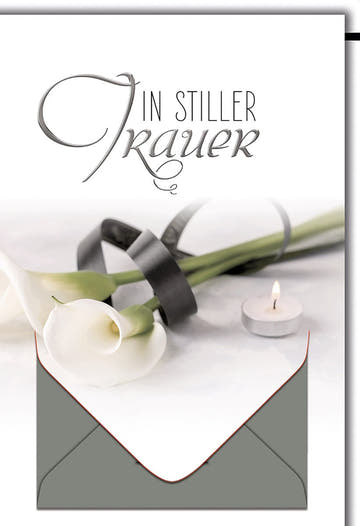 Trauerkarte Elegant – Weiße Calla mit schwarzem Band und Teelicht in stilvollem Design