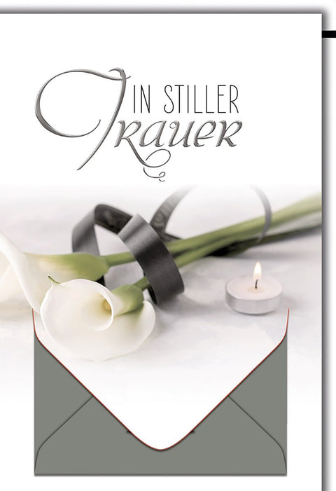 Trauerkarte Elegant – Weiße Calla mit schwarzem Band und Teelicht in stilvollem Design