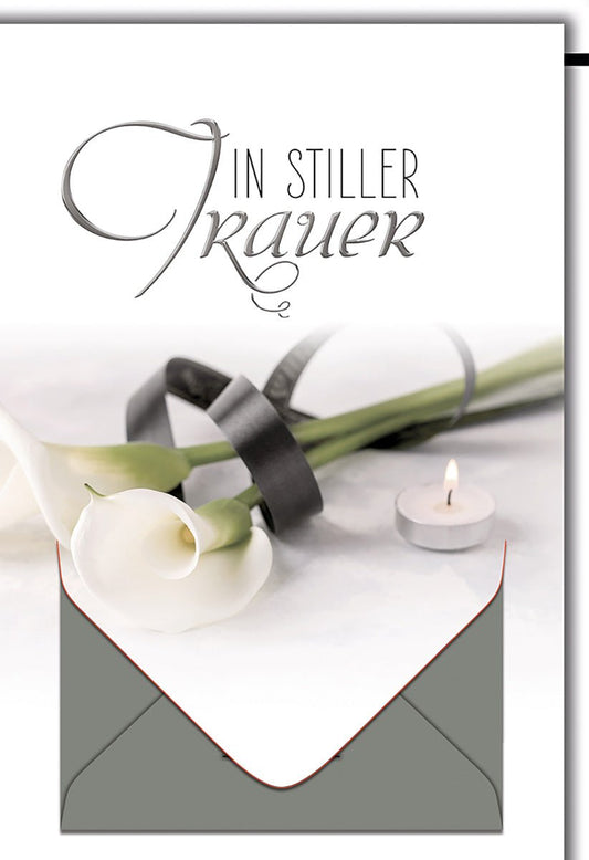 Trauerkarte Elegant – Weiße Calla mit schwarzem Band und Teelicht in stilvollem Design