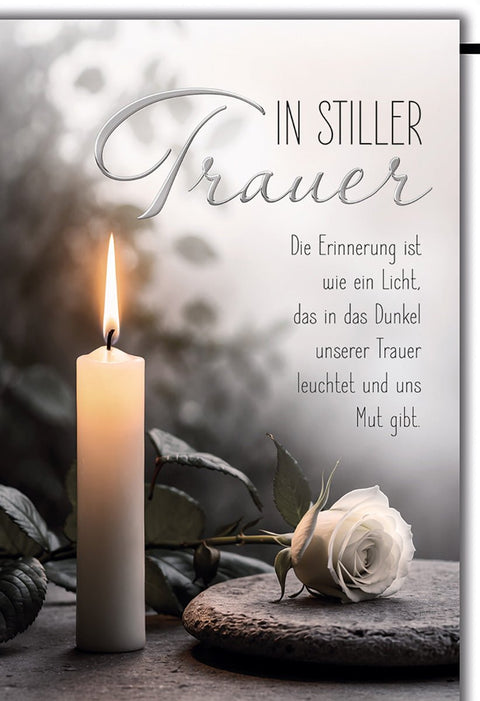 Trauerkarte Elegant – Weiße Rose mit brennender Kerze und beruhigendem Zitat