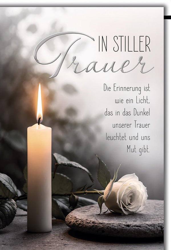 Trauerkarte Elegant – Weiße Rose mit brennender Kerze und beruhigendem Zitat