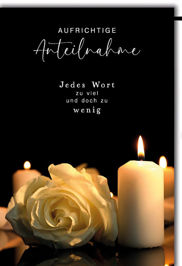 Trauerkarte Elegant – Weiße Rose mit brennender Kerze und tiefem Zitat