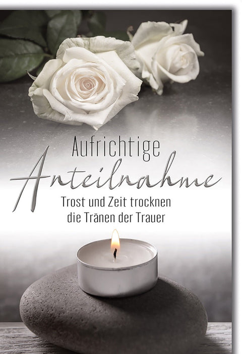 Trauerkarte Elegant – Weiße Rosen mit Teelicht auf Stein und Trost - Spruch