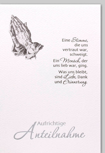 Trauerkarte - Elegante Kondolenzkarte mit Trauerspruch, Mitgefühl & Anteilnahme - Dezentes Design in Grau mit Gebetsmotiv für liebevollen Abschied