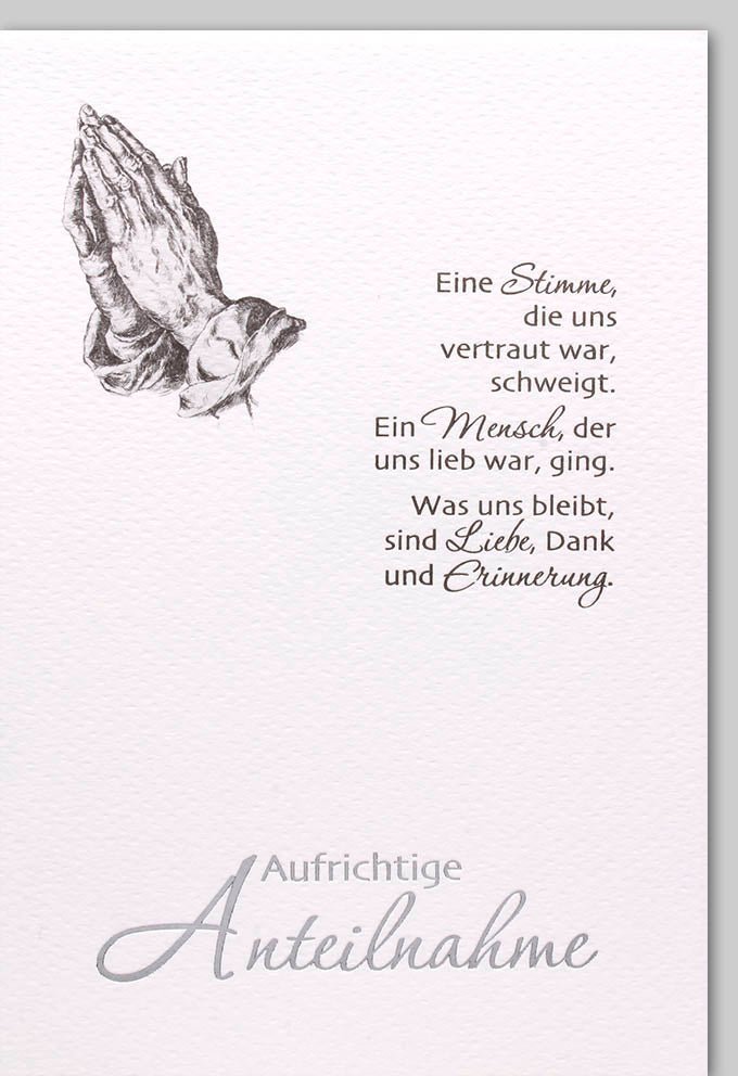 Trauerkarte - Elegante Kondolenzkarte mit Trauerspruch, Mitgefühl & Anteilnahme - Dezentes Design in Grau mit Gebetsmotiv für liebevollen Abschied