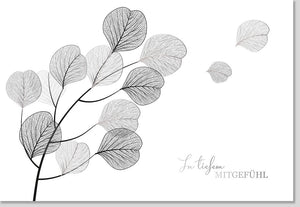 Trauerkarte - Elegantes Baum- und Blätterdesign, Einfühlsame Gedenkkarte in Schwarz-Weiß für Abschied und Trauerfälle
