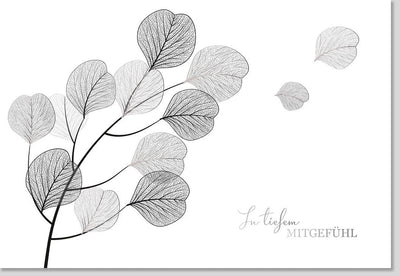 Trauerkarte - Elegantes Baum- und Blätterdesign, Einfühlsame Gedenkkarte in Schwarz-Weiß für Abschied und Trauerfälle