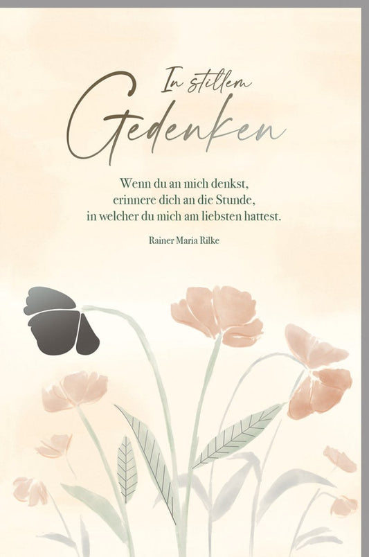 Trauerkarte - Elegantes Gedenken mit Metallicfolie, Blumen & Skorpion, Rilke Zitat, Beige für Anteilnahme im Abschied