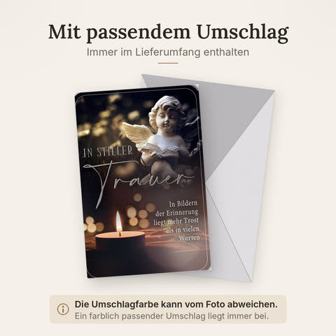 Trauerkarte Engel – Engelstatue mit Kerze und Trostspruch in sanften Brauntönen