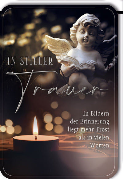 Trauerkarte Engel – Engelstatue mit Kerze und Trostspruch in sanften Brauntönen